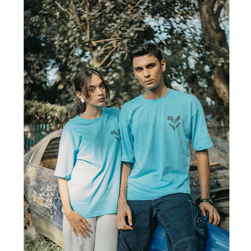 Drop Shoulder Powder Blue Color Men and Woman T-Shirt Back Side Printed with (Monta Norom Matha ta Gorom)~ 1 Pcs