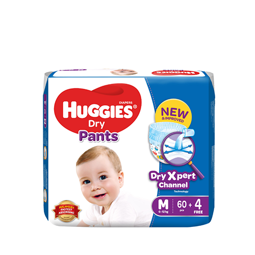 Huggies Dry Pants Baby Diaper Medium Size (6-12 Kg)~60 Pcs